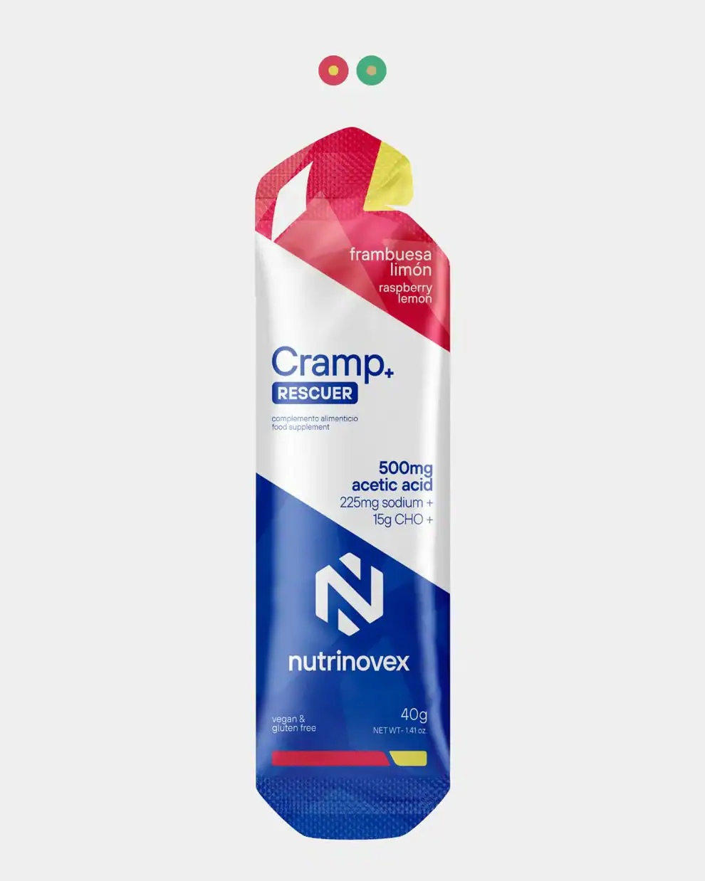 Alto: Suplemento alimenticio Nutrinovex Cramp+ Rescuer, 500mg, con ácido acético y electrolitos.