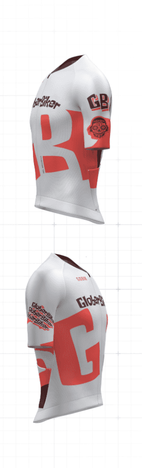 Camiseta de ciclismo blanca y roja con logotipos y detalles de GloberBiker.